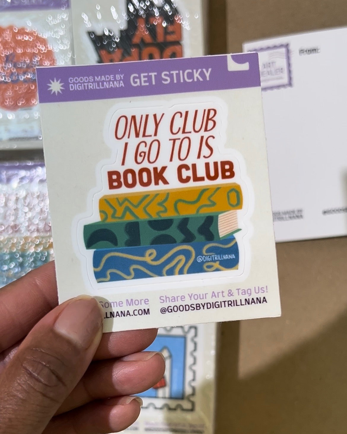 Colorful sticker for book lovers and introverts: 'Only Cub I go to is book club' above blue, green, and yellow books. Perfect for adding literary humor to laptops, water bottles, and journals! High-quality waterproof stickers.