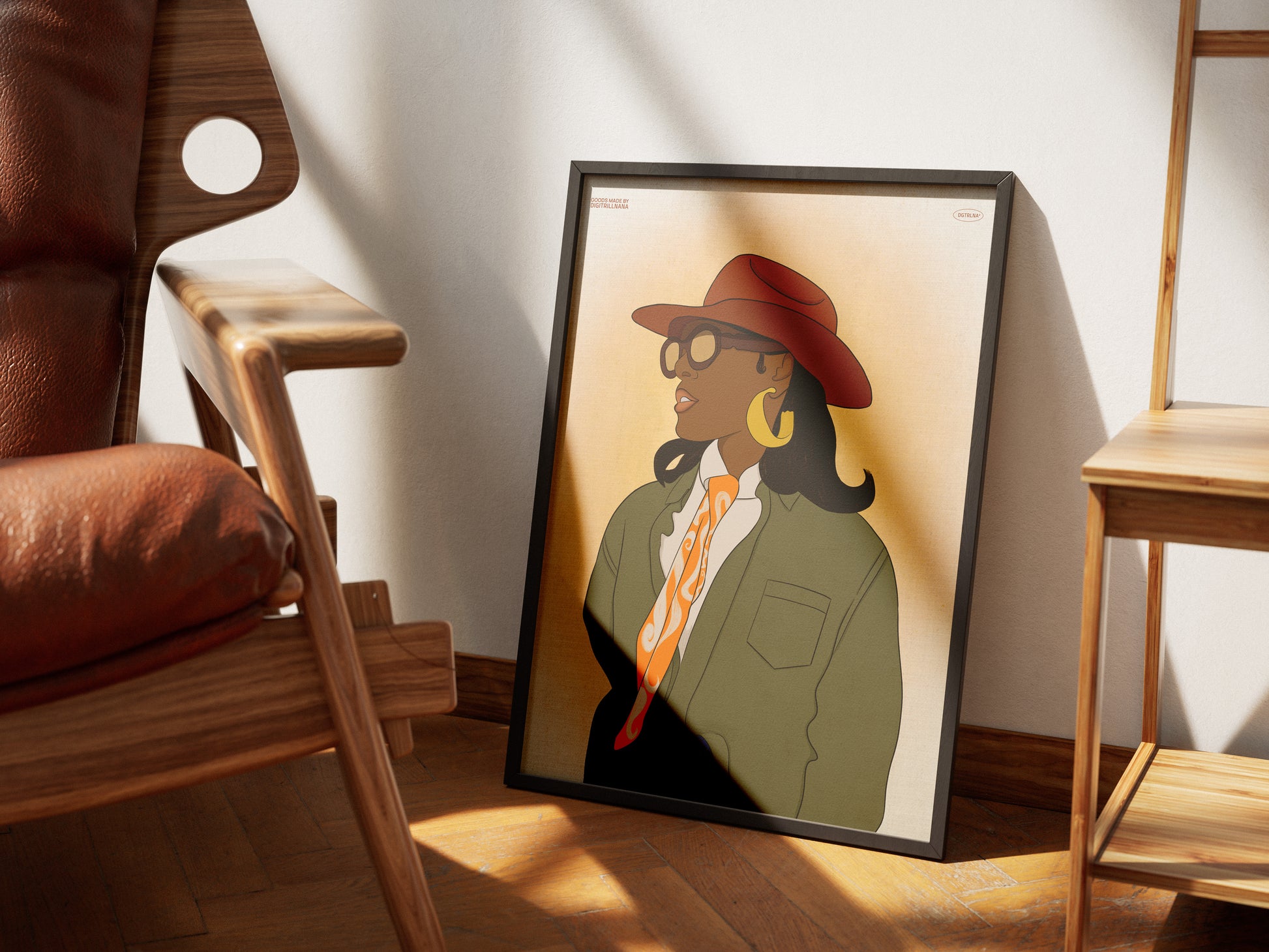 A textured vintage fashion illustration art print of a stylish black woman with a brown cowgirl hat, brown sunglasses, and gold hoop earrings in blue jeans, a green jean jacket, white blouse and long orange silk scarf tie. There’s a canvas textured, light orange sunset gradient in the background. 