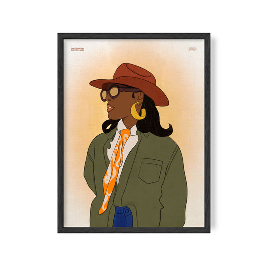 Buckin 9x12" 18x24” art prints from Goods Made By Digitrillnana, Ashley Fletcher. Bold vintage western, Black woman, fashion, warm, colorful. Perfect for home decor, wall art, art prints, and more!