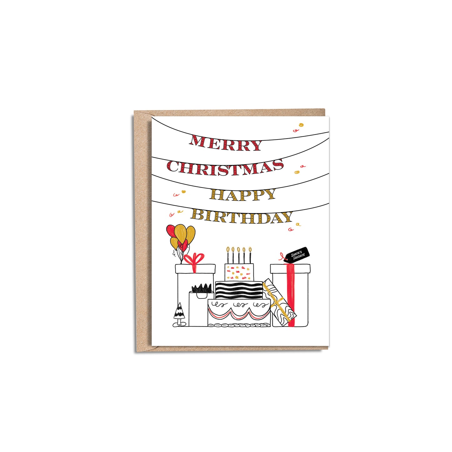 A simple illustration of a banner, cake, balloons, a mini Christmas tree, red and yellow confetti, and gift boxes celebrating Christmas and a birthday. At the top are Merry Christmas in red  and Happy Birthday in yellow as a banner.