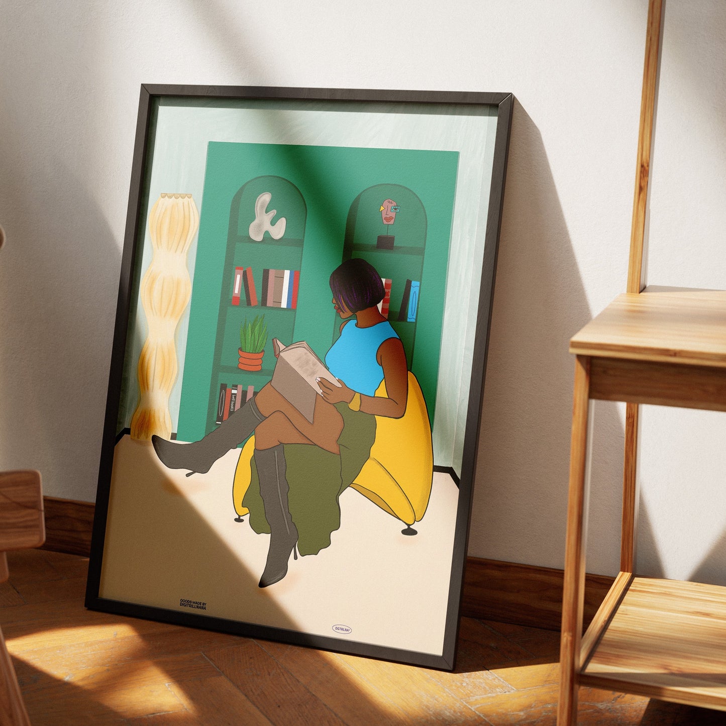 Cozy 9x12" 18x24” art print from Goods Made By Digitrillnana, Ashley Fletcher. Black woman, fashion, book lover, colorful. Perfect for home decor, wall art, art prints, and more!