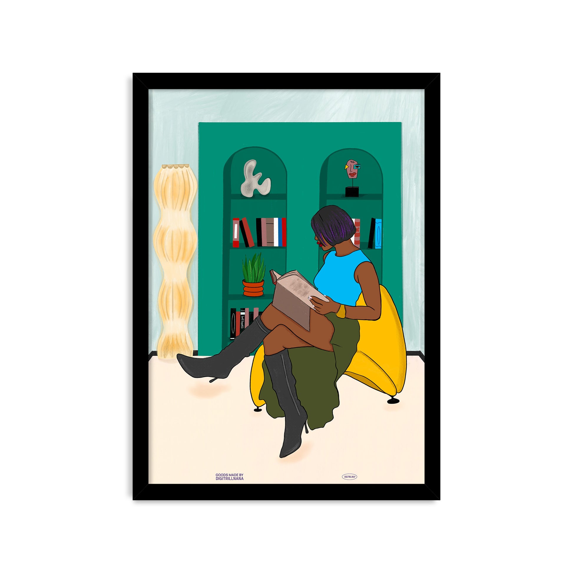 Cozy up with this beautifully designed art print featuring a stylish black woman and a bookshelf filled with fashion illustrations. The perfect addition to any room, this print adds a touch of sophistication and culture to your space. Colorful Black woman fashion illustration art print. Perfect for home decor, wall art, art prints, and more!