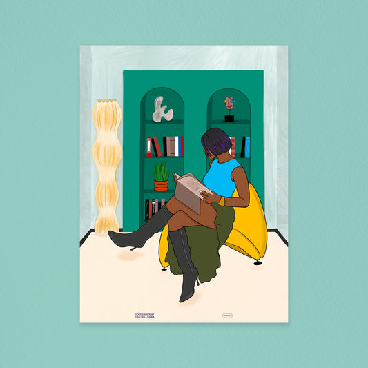 Cozy 9x12" 18x24” art print from Goods Made By Digitrillnana, Ashley Fletcher. Black woman, fashion, book lover, colorful. Perfect for home decor, wall art, art prints, and more!