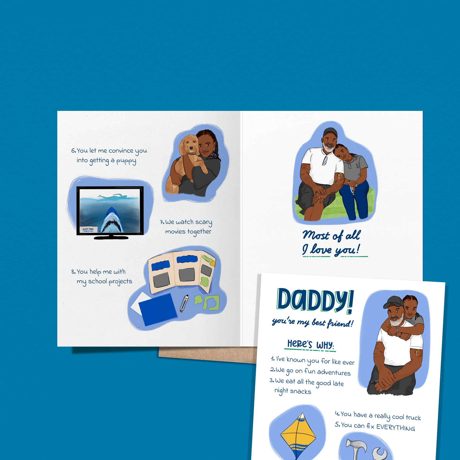 Daddy Daughter Adventures 4.25x5.5” A2 Everyday Father's Day Dad greeting card. African American Father and Daughter. Colorful Eco-friendly Card for Dad from Goods Made By Digitrillnana, Ashley Fletcher. Black Woman Owned. Gifts celebrating Black, African-American culture. Perfect card for Dad and Father's day!