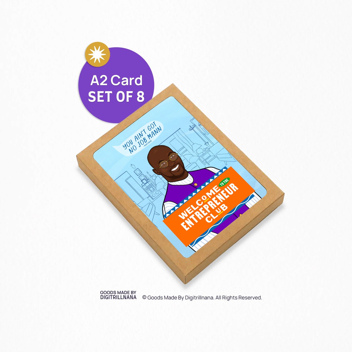 Funny entrepreneur card 4.25 x 5.5” A2 size with an illustration of 90s sitcom Martin character Tommy. “Welcome to the Entrepreneur Club” text on the front in orange white and green based on 90s Black culture tv show color themes. Blank inside. Envelope included.