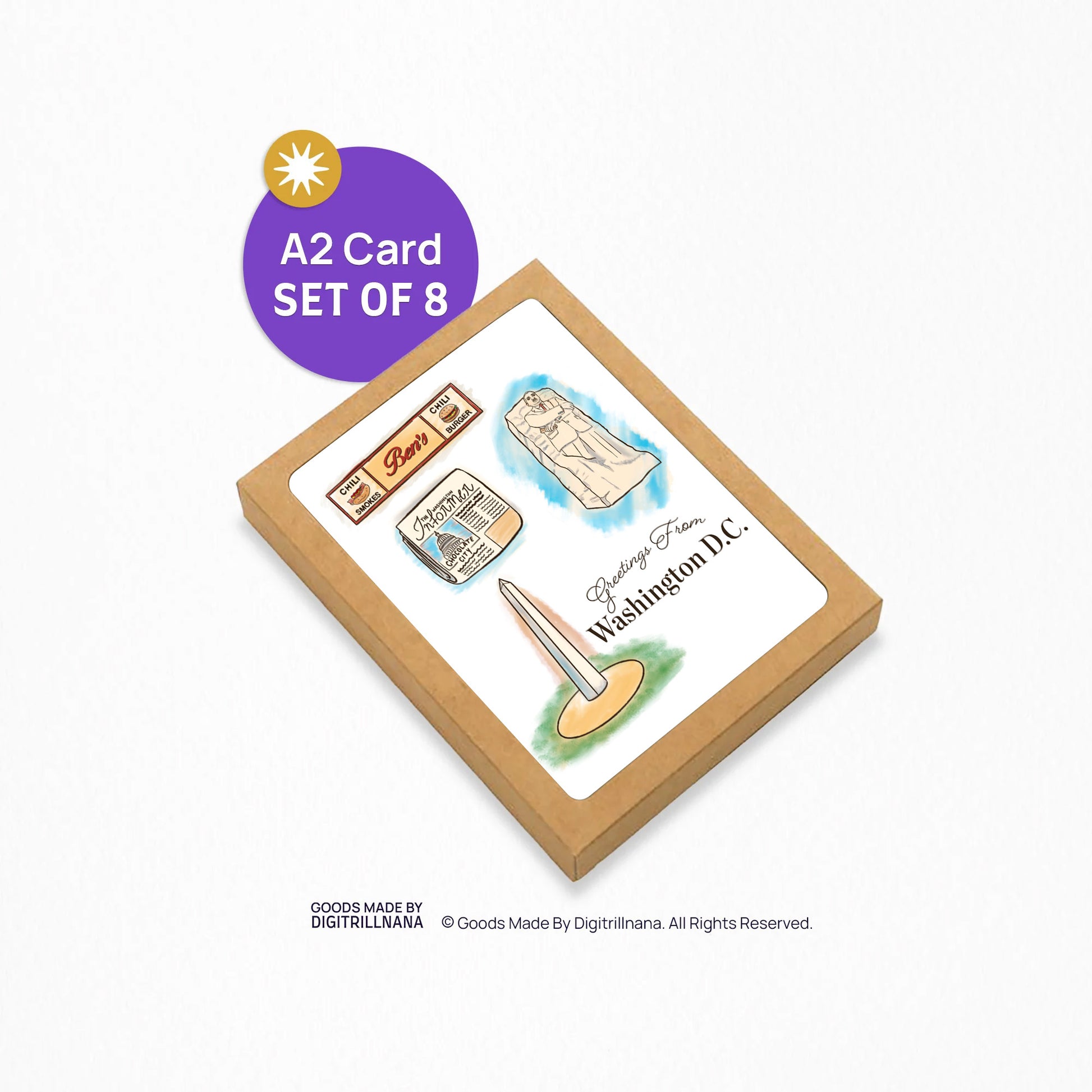  A2 size colorful card featuring illustrations of the Washington Monument, Ben’s Chili Bowl Sign, Washington Informer magazine, and Martin Luther King Memorial Statue. “Greetings from Washington DC” text on the front. Blank inside. Envelope included.