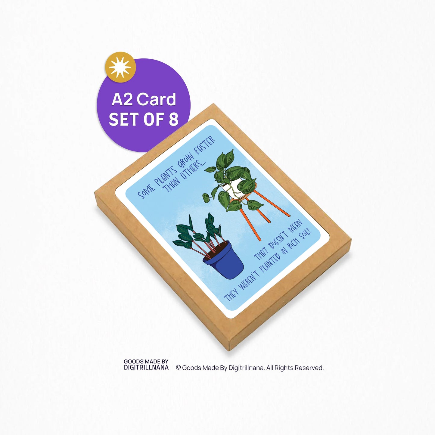 4.25 x 5.5” A2 size card colorful illustration of a ZZ plant and pothos plant with a light blue background. The encouragement card reads ‘Some plants grow faster than others…that doesn’t mean they weren’t planted in rich soil!’. Envelope included. Black Woman Owned.