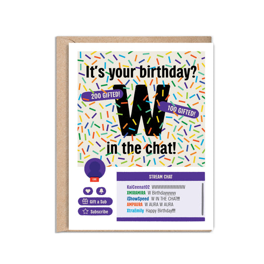 A2 size twitch gamer birthday card illustration featuring confetti, gifted subs and “W’s in the chat!”. “It’s your birthday? W in the chat!” text on the front. Colorful confetti and a message inside the card. Happy Birthday message inside, envelope included.