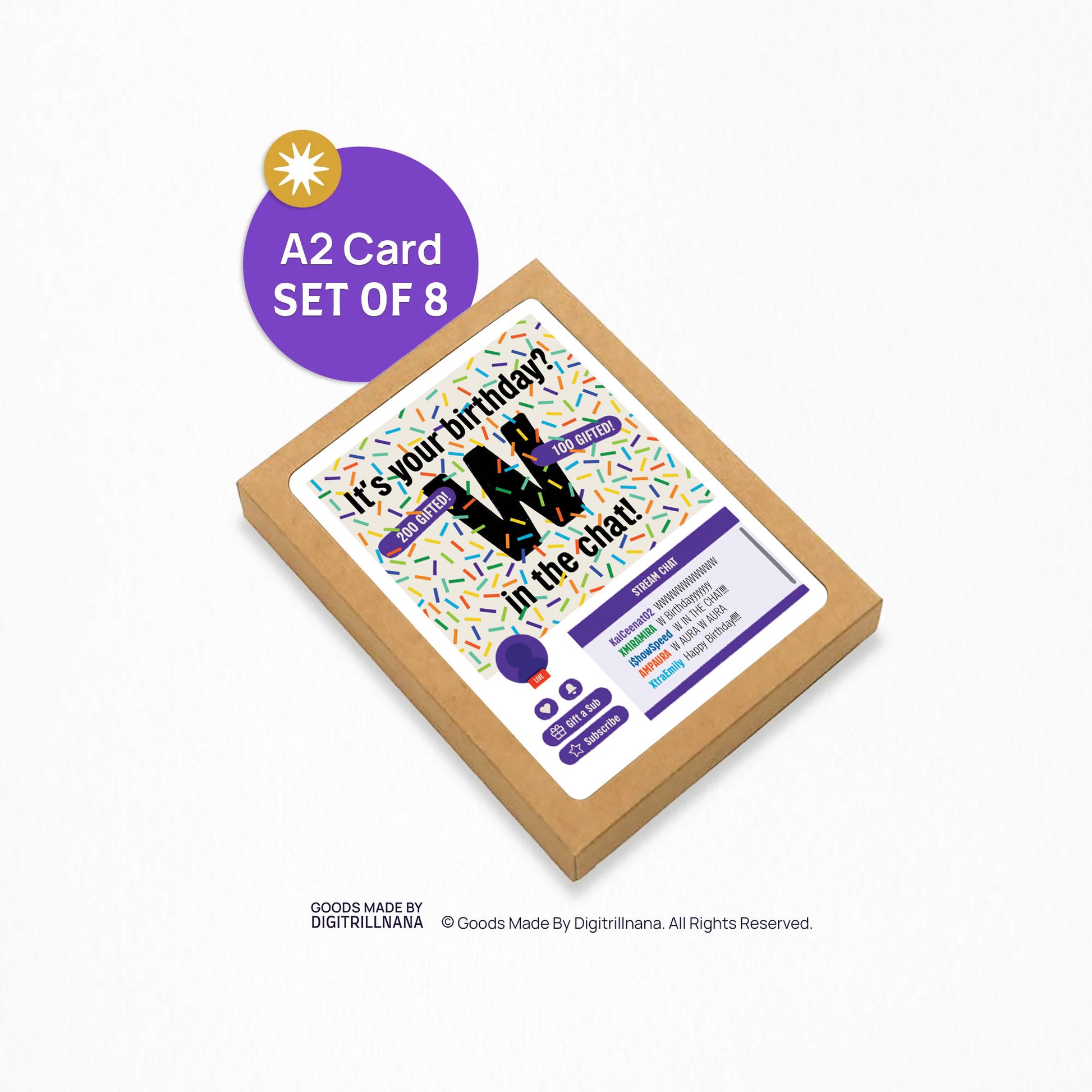 A2 size twitch gamer birthday card illustration featuring confetti, gifted subs and “W’s in the chat!”. “It’s your birthday? W in the chat!” text on the front. Colorful confetti and a message inside the card. Happy Birthday message inside, envelope included.