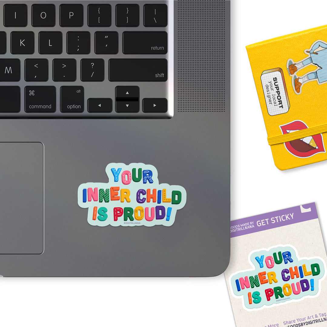 Colorful sticker inspired by rainbow alphabet magnet letters, spelling ‘Your Inner Child is Proud’. This vibrant high-quality kiss cut sticker, adds a touch of joy and nostalgia to any surface. Ideal for laptops, water bottles, phone cases, journals, and more!