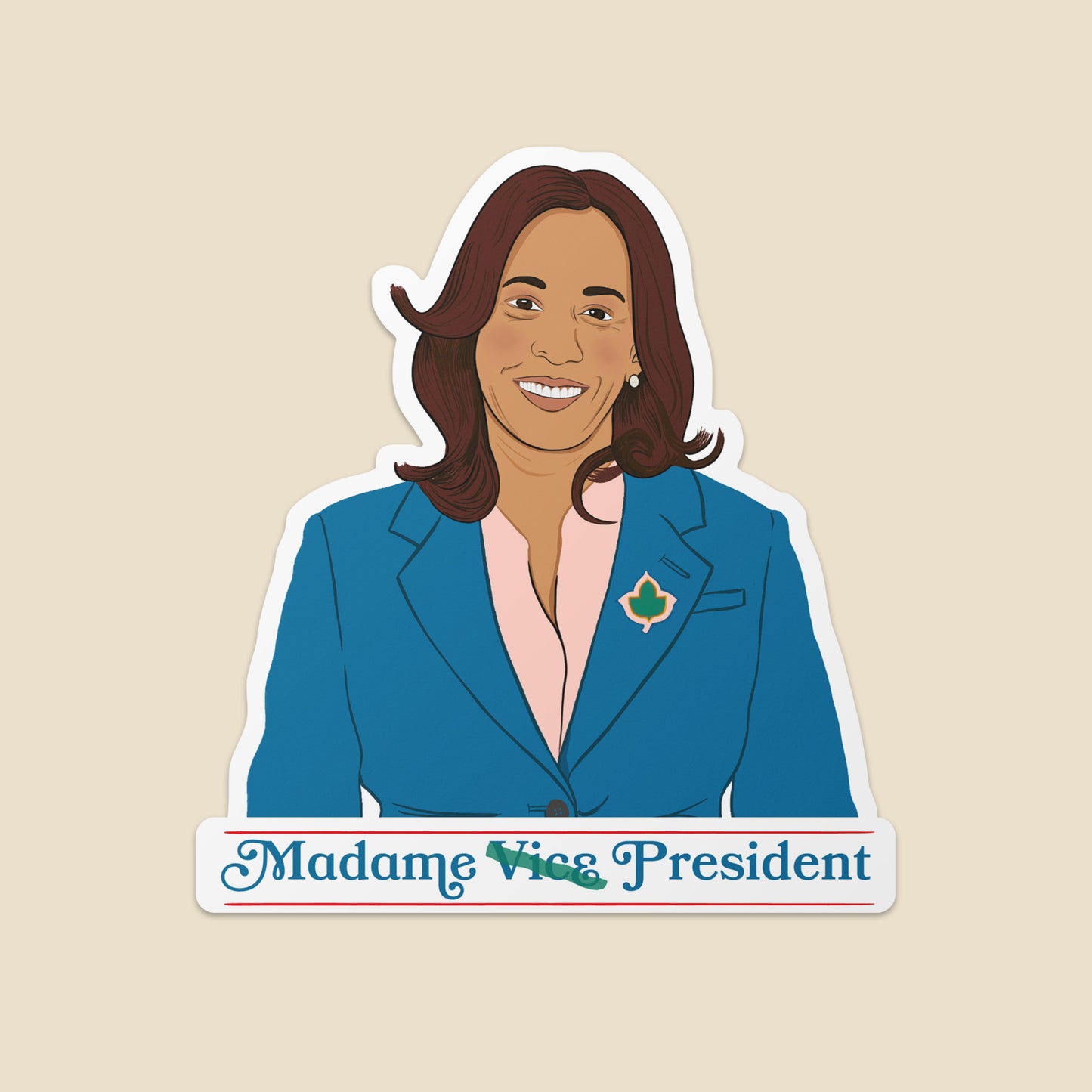 Show your resilient spirit with our Kamala Harris illustration sticker with the words ‘Madame Vice President’ in blue. Perfect for your laptops, water bottles, and more. High-quality vinyl, waterproof stickers.