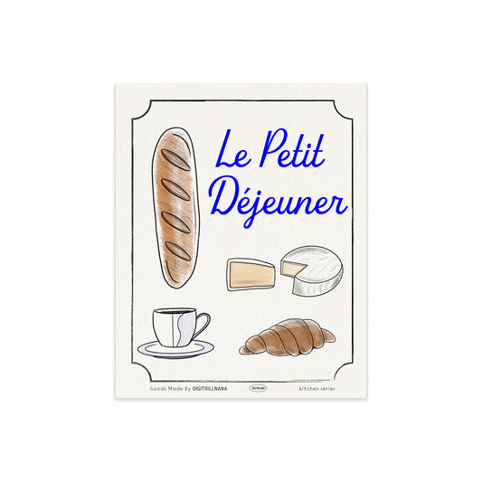 A modern texture illustration of french bread, coffee, cheese, and a croissant. Available in two sizes. 