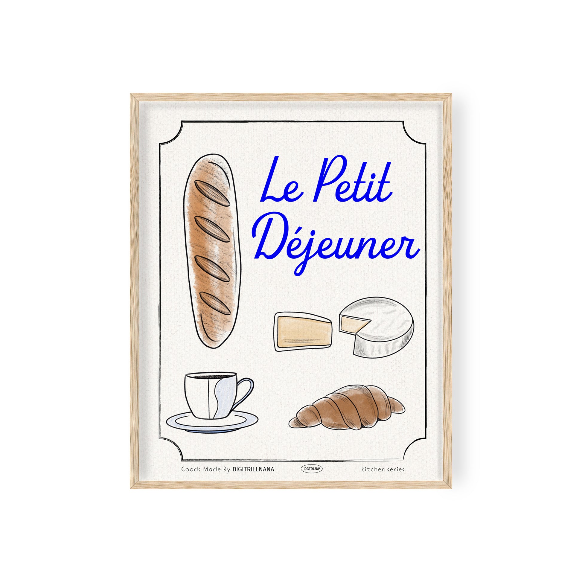 Le Petit Déjeuner French Food Illustration 8x10" and 18x24" art print from Goods Made By Digitrillnana, Ashley Fletcher. Vintage, rustic, kitchen illustration of croissant, coffee, cheese, and french bread. Perfect for home decor, wall art, art prints, and more!