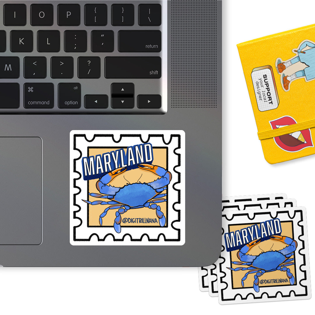 Vibrant postage stamp sticker with a textured illustration of a Maryland blue crab in a vibrant blue and orange on a warm yellow background. Includes the word ‘Maryland’. Ideal for laptops, water bottles, and more!