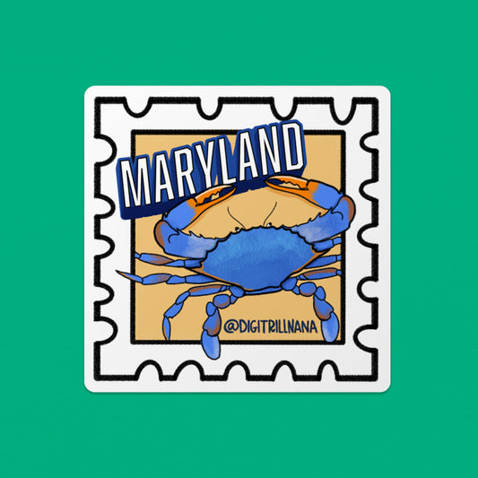 Vibrant postage stamp sticker with a textured illustration of a Maryland blue crab in a vibrant blue and orange on a warm yellow background. Includes the word ‘Maryland’. Ideal for laptops, water bottles, and more!