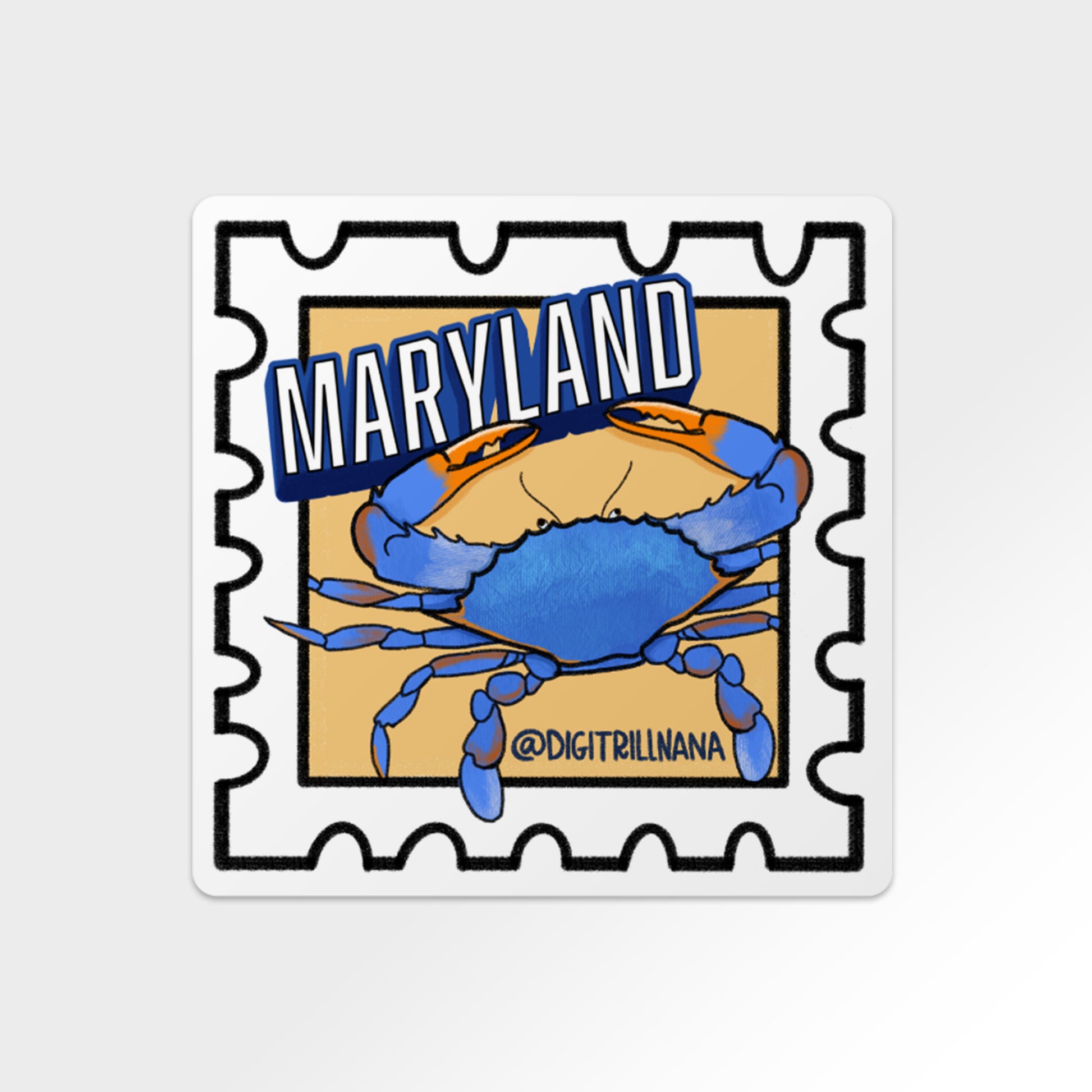Vibrant postage stamp sticker with a textured illustration of a Maryland blue crab in a vibrant blue and orange on a warm yellow background. Includes the word ‘Maryland’. Ideal for laptops, water bottles, and more!