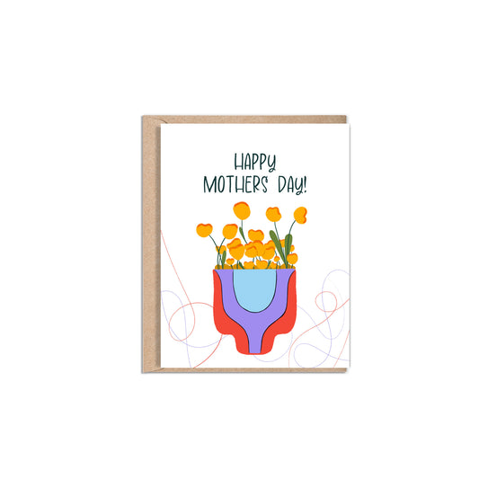 4.25 x 5.5” A2 size Mother’s Day card with an illustration of gold yellow flowers sitting in a unique bright red, lilac purple, and sea blue plant pot planter  with the words “Happy Mothers Day”” on the front. Curvy line details surround the planter in the background. The inside of the card is blank. Envelope included. Black Woman Owned.
