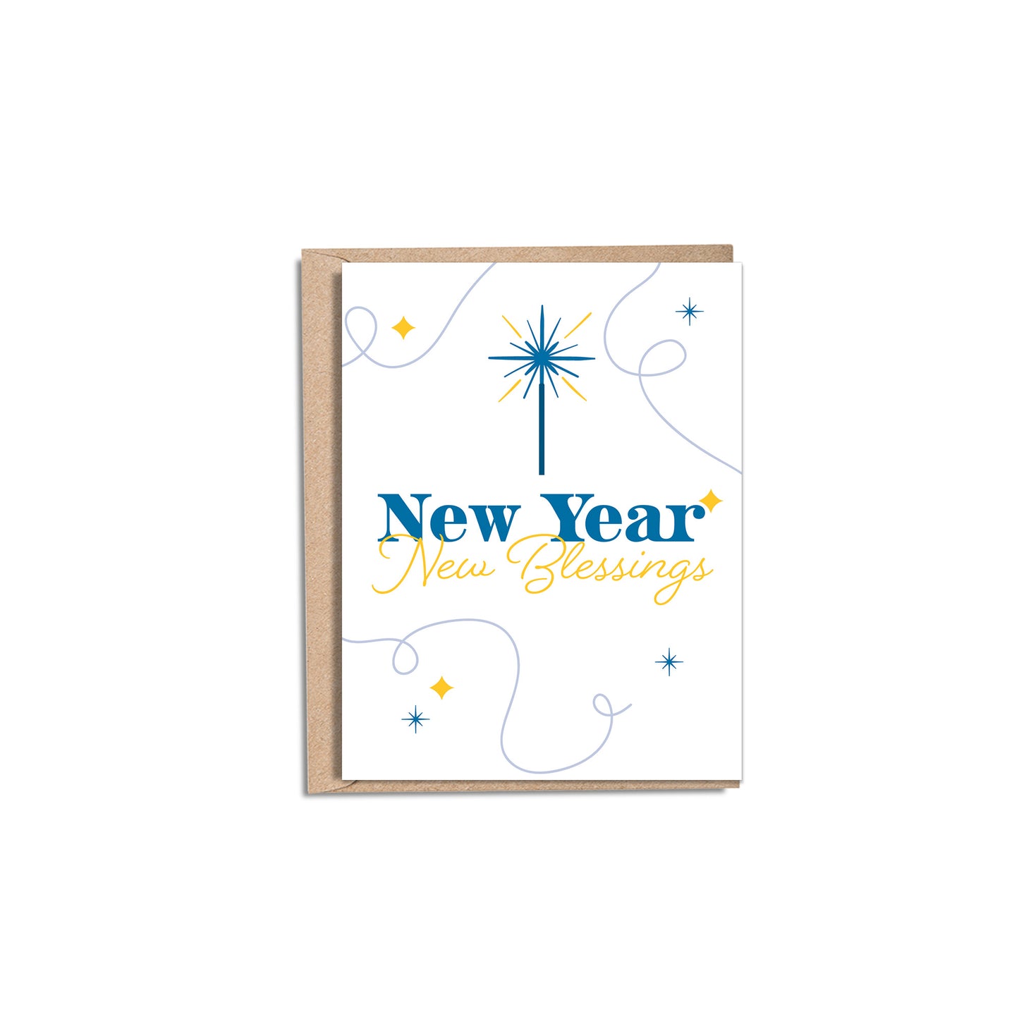 4.25 x 5.5” A2 sustainable card printed on 100% recycled paper. There are marigold diamonds and blue sparkles and lines throughout the card. In the middle is a blue and marigold vector illustrated firework sparkler, underneath are the words New Year (in a deep blue serif font) and New Blessings (in a marigold script font). The inside of the card is blank. Envelope included.