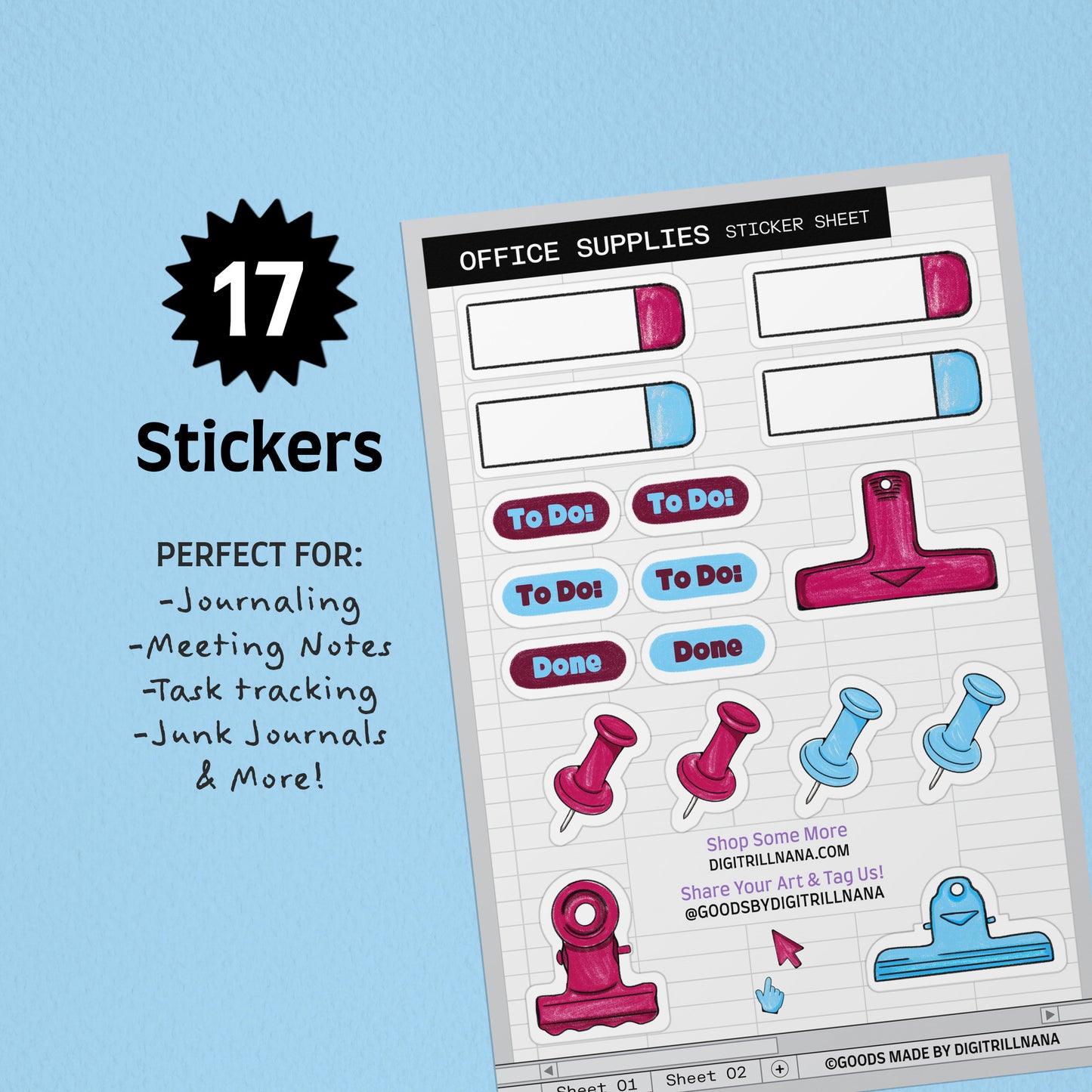 17 Die-cut office sticker sheet in blue and burgundy. Includes to-do, done, color tabs, push pins, and paper clip stickers. Spreadsheet-inspired design for planners and notebooks. Waterproof.