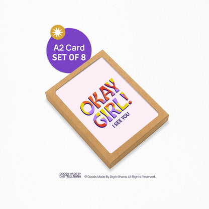Okay Girl 4.25x5.5” A2 celebrate, friendship, gratitude, encouragement, support greeting cards from Goods Made By Digitrillnana, Ashley Fletcher. Black Woman Owned. Perfect card to support a friend! Eco-friendly recycled cards. 