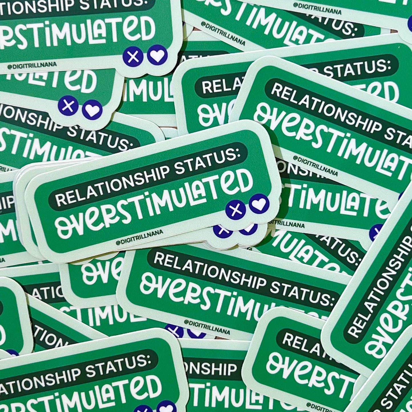 Funny ADHD, neurodivergent relationship sticker: green message bubble with 'Relationship Status: Overstimulated' and icons. High-quality, waterproof stickers for laptops, water bottles, phone cases, and more! 