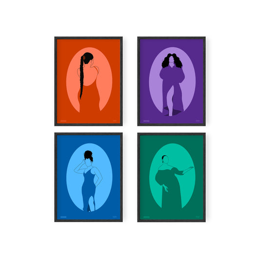A series of four vibrant monochromatic illustrations of black women figures in the hues orange, blue, and teal. The illustration features a silhouette oval with a women’s figure inside. Light and dark colors create an optical illusion with positive and negative space.
