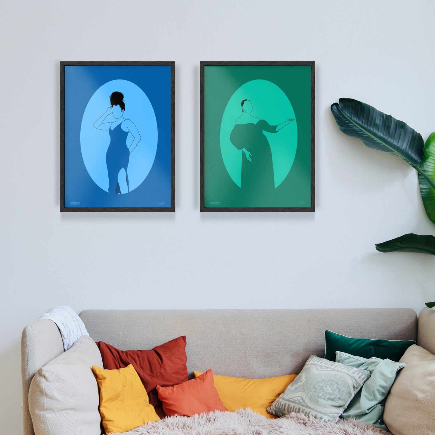 A series of four vibrant monochromatic illustrations of black women figures in the hues orange, blue, and teal. The illustration features a silhouette oval with a women’s figure inside. Light and dark colors create an optical illusion with positive and negative space.
