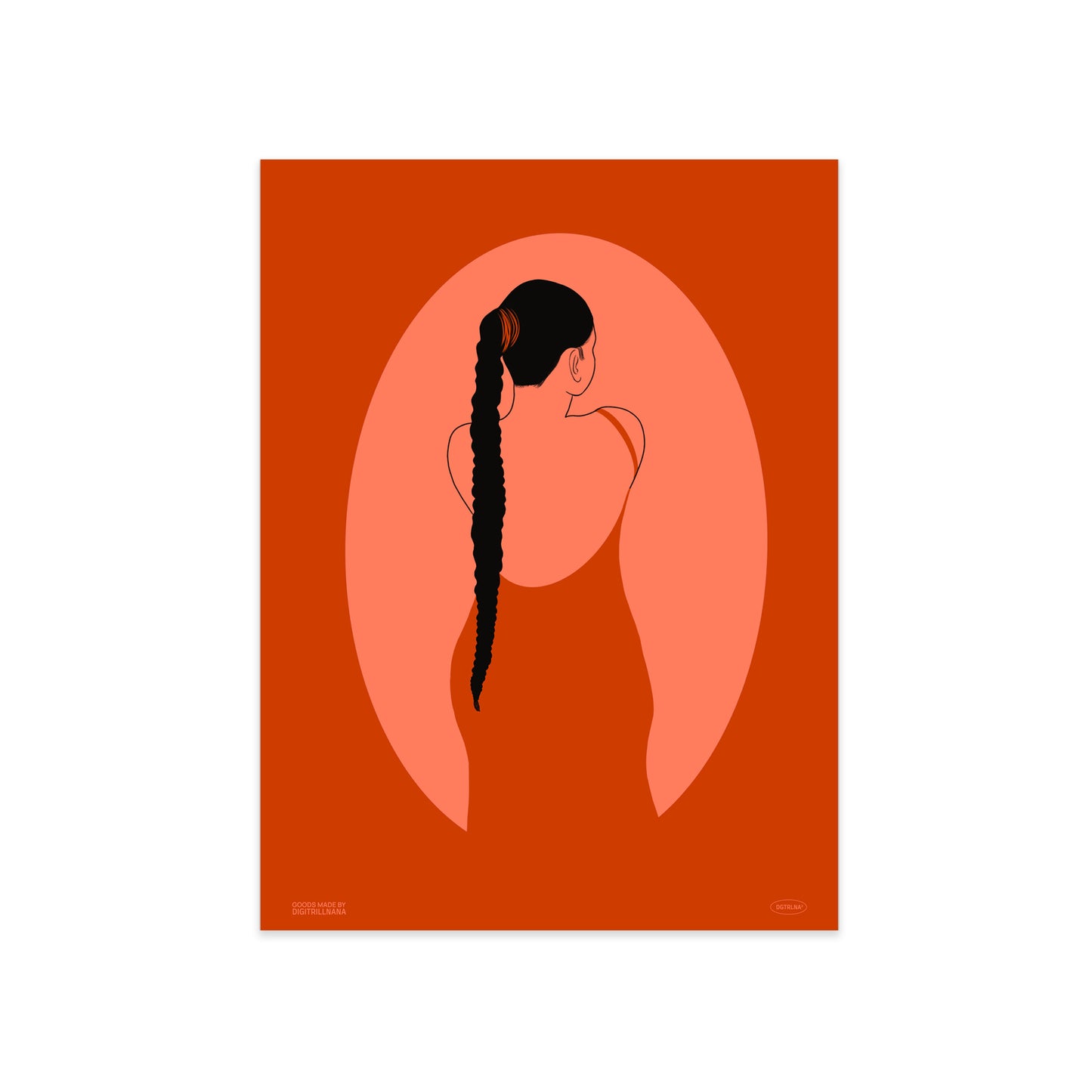 A series of four vibrant monochromatic illustrations of black women figures in the hues orange, blue, and teal. The illustration features a silhouette oval with a women’s figure inside. Light and dark colors create an optical illusion with positive and negative space.  Silhouette 1: Illustration of a orange monochrome silhouette back view of a figure in a low back silk dress with her hair in a long ponytail. 