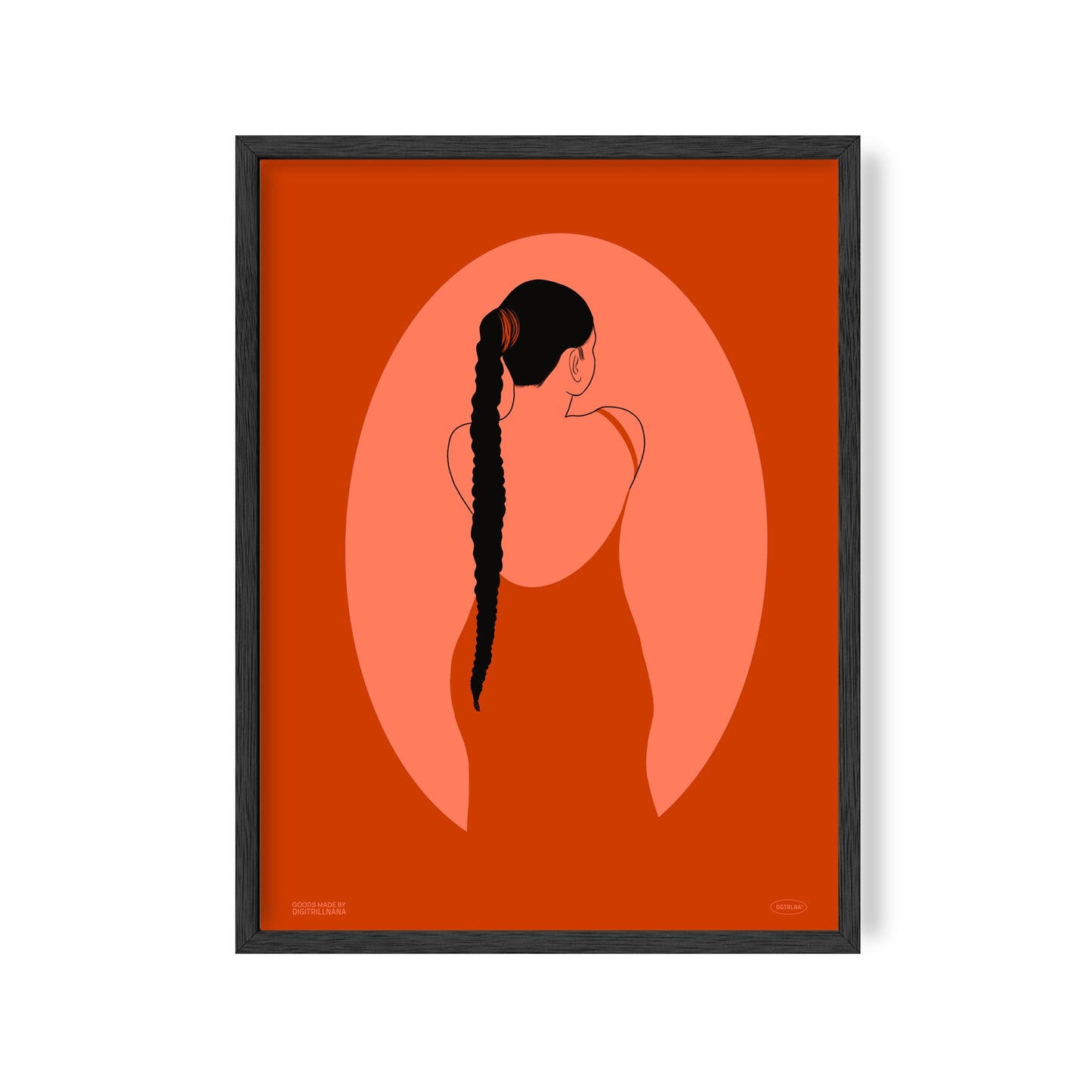 A series of four vibrant monochromatic illustrations of black women figures in the hues orange, blue, and teal. The illustration features a silhouette oval with a women’s figure inside. Light and dark colors create an optical illusion with positive and negative space.  Silhouette 1: Illustration of a orange monochrome silhouette back view of a figure in a low back silk dress with her hair in a long ponytail. 