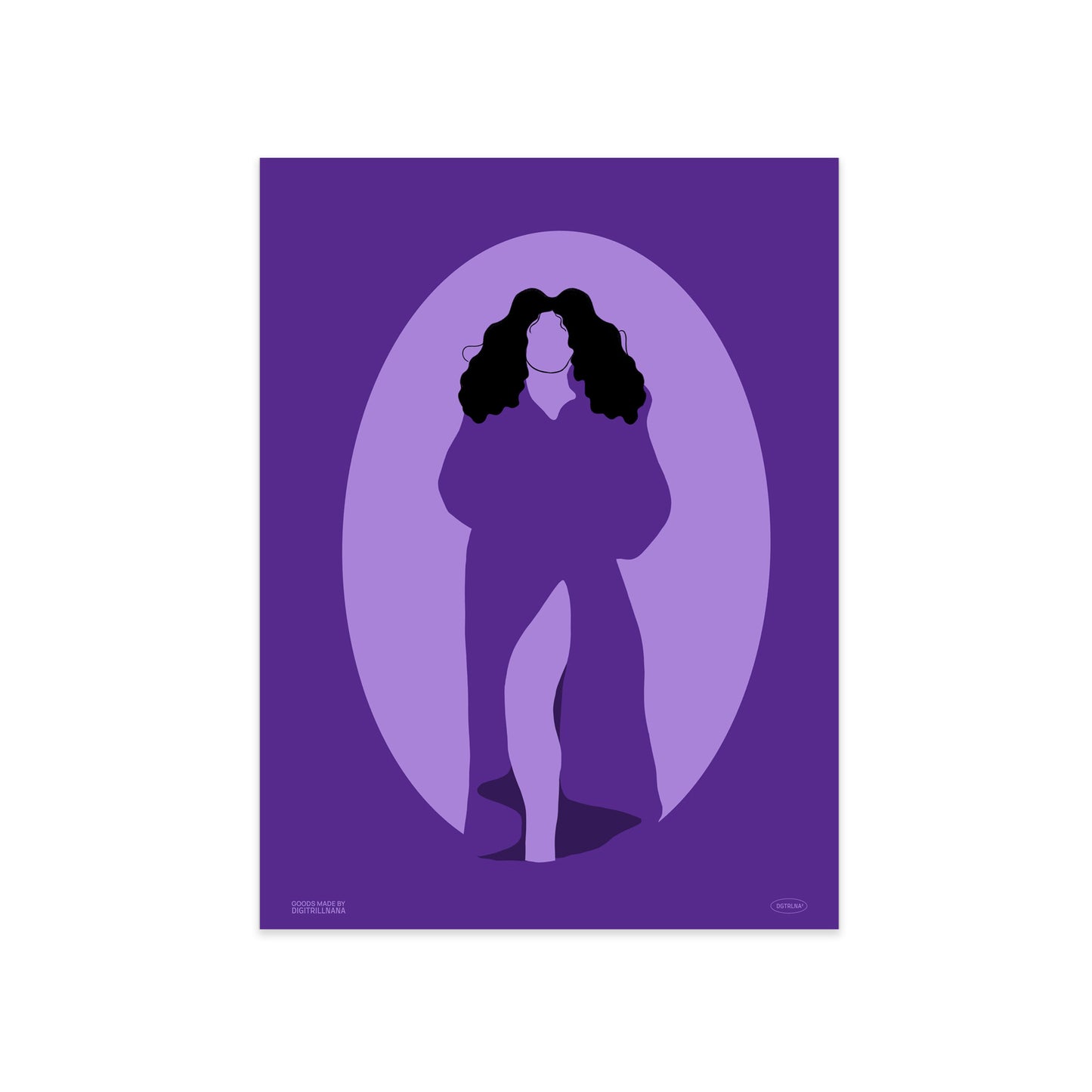 A series of four vibrant monochromatic illustrations of black women figures in the hues orange, blue, and teal. The illustration features a silhouette oval with a women’s figure inside. Light and dark colors create an optical illusion with positive and negative space. Silhouette 2: Illustration of a purple monochrome silhouette front view of a figure with full curly hair flower over a full coverage dress with a leg peaking through the slit. 