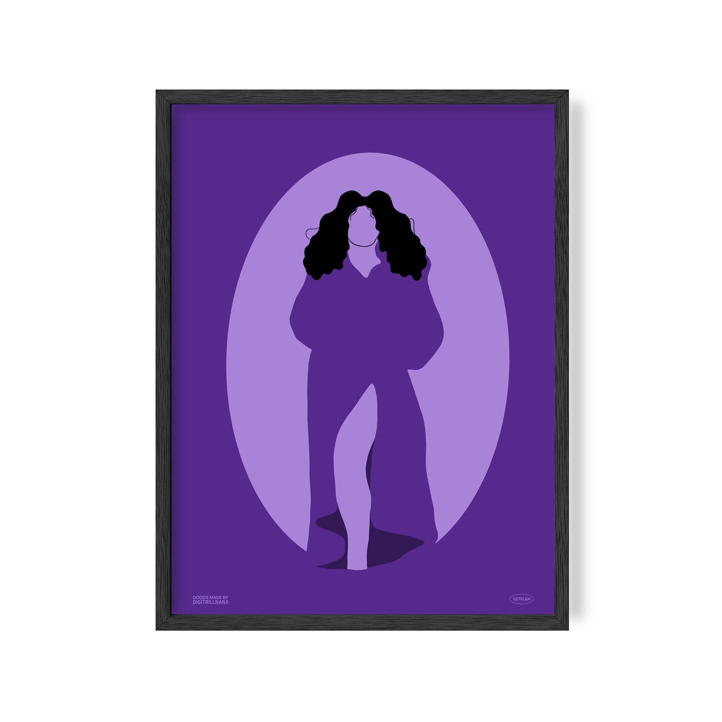 A series of four vibrant monochromatic illustrations of black women figures in the hues orange, blue, and teal. The illustration features a silhouette oval with a women’s figure inside. Light and dark colors create an optical illusion with positive and negative space.  Silhouette 2: Illustration of a purple monochrome silhouette front view of a figure with full curly hair flower over a full coverage dress with a leg peaking through the slit. 