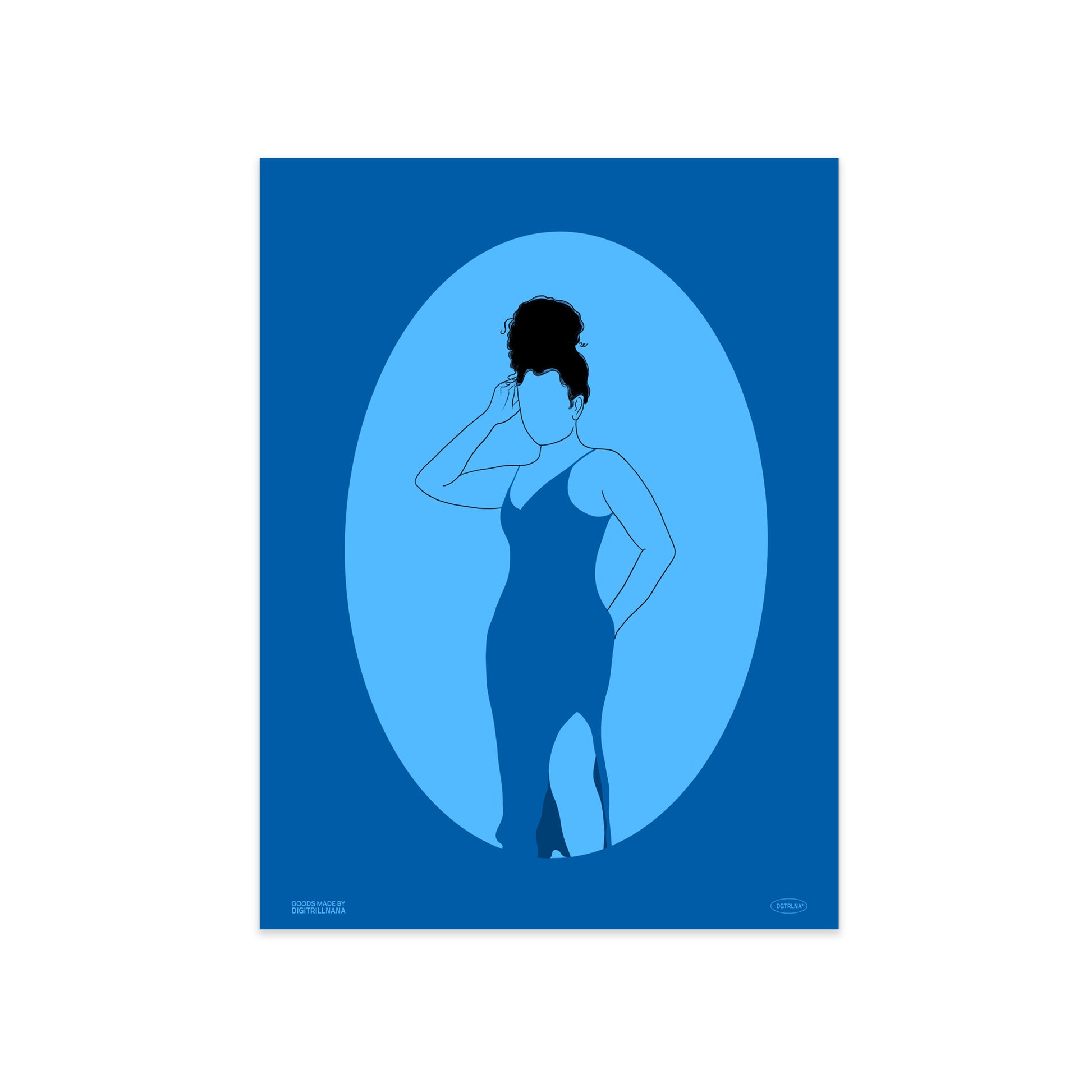 A series of four vibrant monochromatic illustrations of black women figures in the hues orange, blue, and teal. The illustration features a silhouette oval with a women’s figure inside. Light and dark colors create an optical illusion with positive and negative space. Silhouette 3: Illustration of a blue monochrome silhouette front view of a figure posing in a dress with one hand by her head and the other behind her with her hair in a curly bun. 