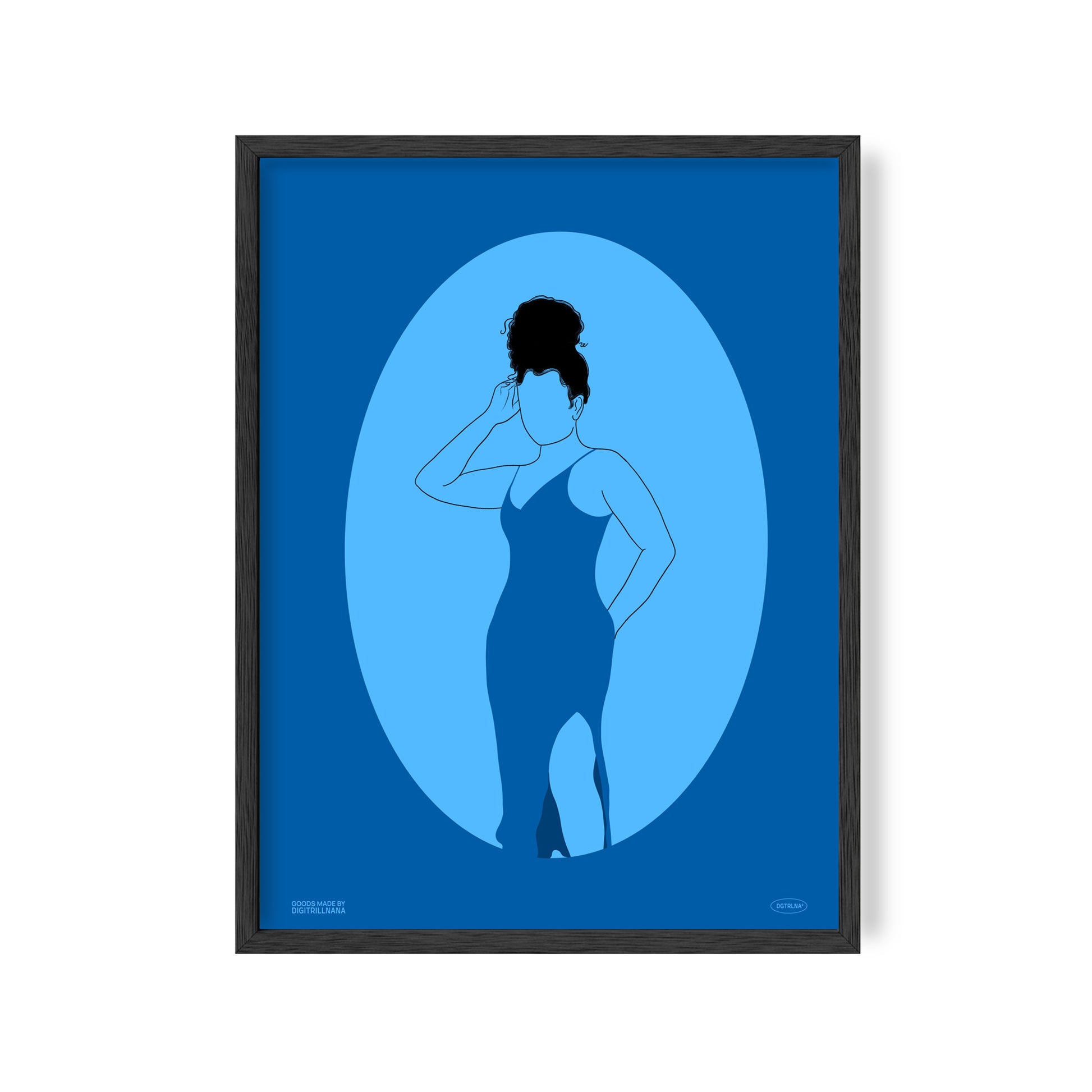 A series of four vibrant monochromatic illustrations of black women figures in the hues orange, blue, and teal. The illustration features a silhouette oval with a women’s figure inside. Light and dark colors create an optical illusion with positive and negative space.  Silhouette 3: Illustration of a blue monochrome silhouette front view of a figure posing in a dress with one hand by her head and the other behind her with her hair in a curly bun. 