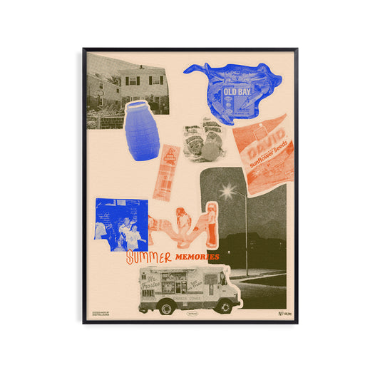 Summer Memories 11x14” orange blue halftone vintage collage summer art print from Goods Made By Digitrillnana, Ashley Fletcher. Celebrating Black Culture. Perfect for home decor, wall art, art prints, and more! Black Woman Owned.