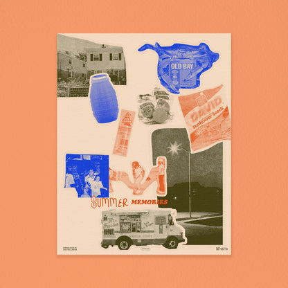 Summer Memories 11x14” orange blue halftone vintage collage summer art print from Goods Made By Digitrillnana, Ashley Fletcher. Celebrating Black Culture. Perfect for home decor, wall art, art prints, and more! Black Woman Owned.