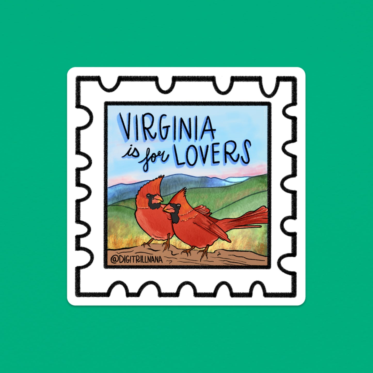 Vibrant postage stamp sticker with an illustration of two northern cardinal birds and the Shenandoah Valley silhouette in the background. Includes the words ‘Virginia Is For Lovers’. Ideal for laptops, water bottles, and more! 