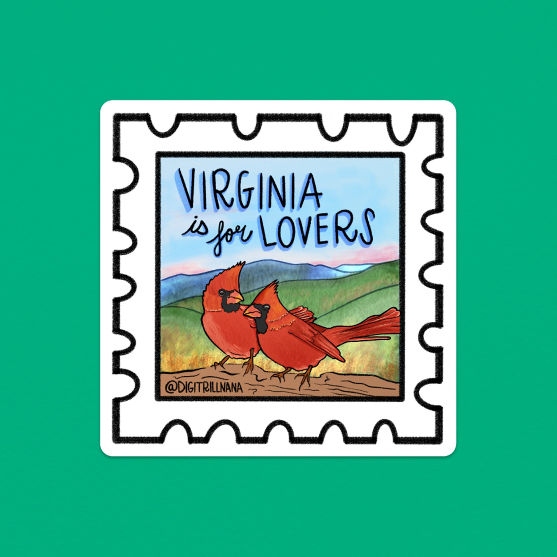 Vibrant postage stamp sticker with an illustration of two northern cardinal birds and the Shenandoah Valley silhouette in the background. Includes the words ‘Virginia Is For Lovers’. Ideal for laptops, water bottles, and more! 
