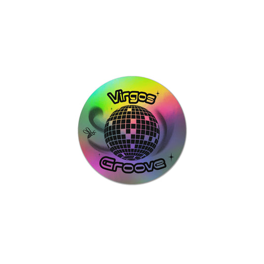 3 x 3” holographic waterproof sticker with a disco ball and the words ‘Virgo’s Groove’. A bee floats around the disco ball symbolizing Beyoncé’s bey-hive.High quality vinyl waterproof and scratch resistant sticker from Goods Made By Digitrillnana. Perfect for laptops, water bottles, phone cases, luggage, journals, and more! Black Woman Owned.
