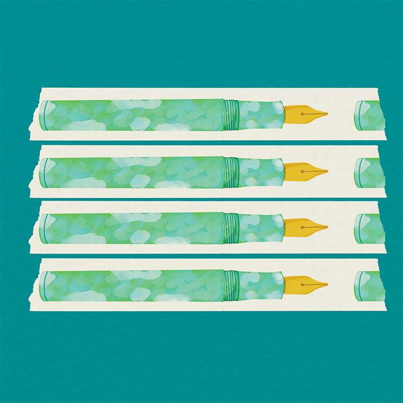 15mm washi tape featuring a teal and light green marble fountain pen illustration with a gold nib. Re-adjustable and removable. Perfect for your planner, junk journal, and scrapbook. 