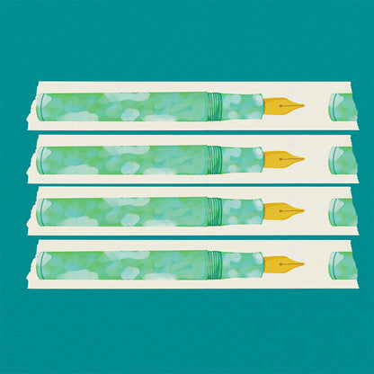 15mm washi tape featuring a teal and light green marble fountain pen illustration with a gold nib. Re-adjustable and removable. Perfect for your planner, junk journal, and scrapbook. 