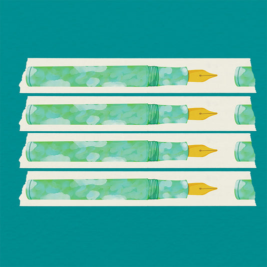 15mm washi tape featuring a teal and light green marble fountain pen illustration with a gold nib. Re-adjustable and removable. Perfect for your planner, junk journal, and scrapbook. 