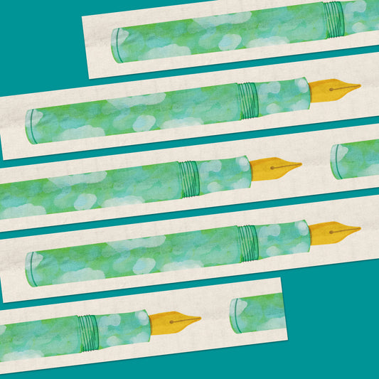 15mm washi tape featuring a teal and light green marble fountain pen illustration with a gold nib. Re-adjustable and removable. Perfect for your planner, junk journal, and scrapbook. 