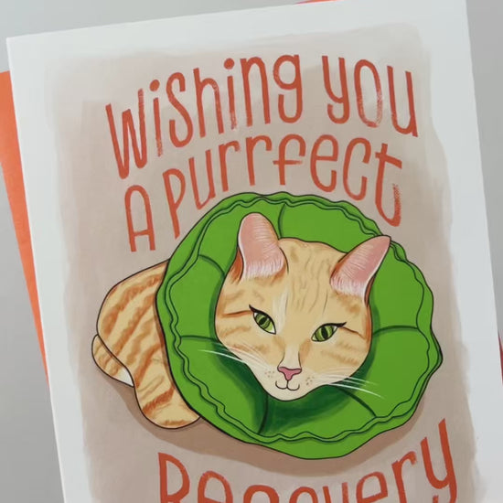 Purrfect Recovery greeting card box set. Card illustration of a tabby cat laying down wearing a green soft cat recovery cone collar. The text in orange reads, "Wishing you a purrfect recovery". Blank inside. Envelope included.