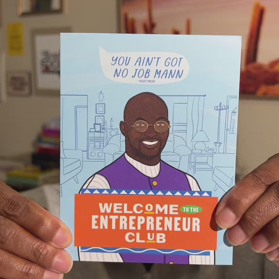 Funny entrepreneur card 4.25 x 5.5” A2 size with an illustration of 90s sitcom Martin character Tommy. “Welcome to the Entrepreneur Club” text on the front in orange white and green based on 90s Black culture tv show color themes. Blank inside. Envelope included.
