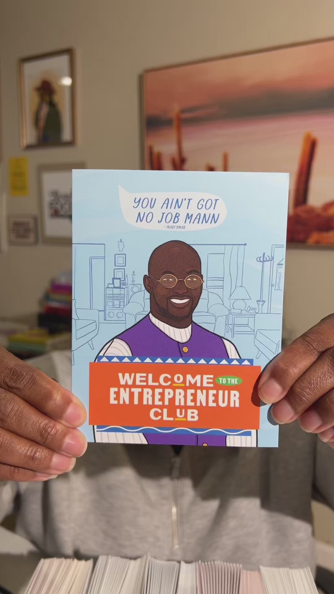 Funny entrepreneur card 4.25 x 5.5” A2 size with an illustration of 90s sitcom Martin character Tommy. “Welcome to the Entrepreneur Club” text on the front in orange white and green based on 90s Black culture tv show color themes. Blank inside. Envelope included.