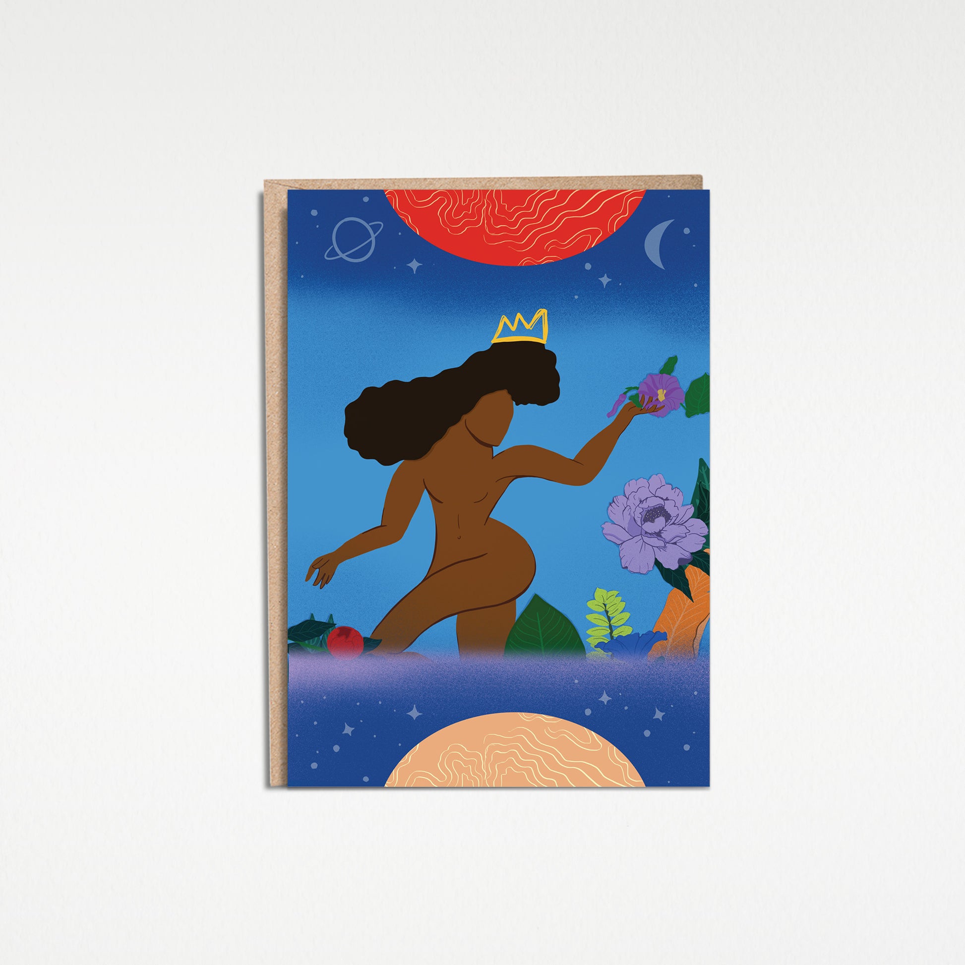 Earth Goddess 5x7” greeting cards from Goods Made By Digitrillnana, Ashley Fletcher. Black Woman Owned. Perfect card to celebrate a Black Woman! Blank inside. Sisterhood cards.