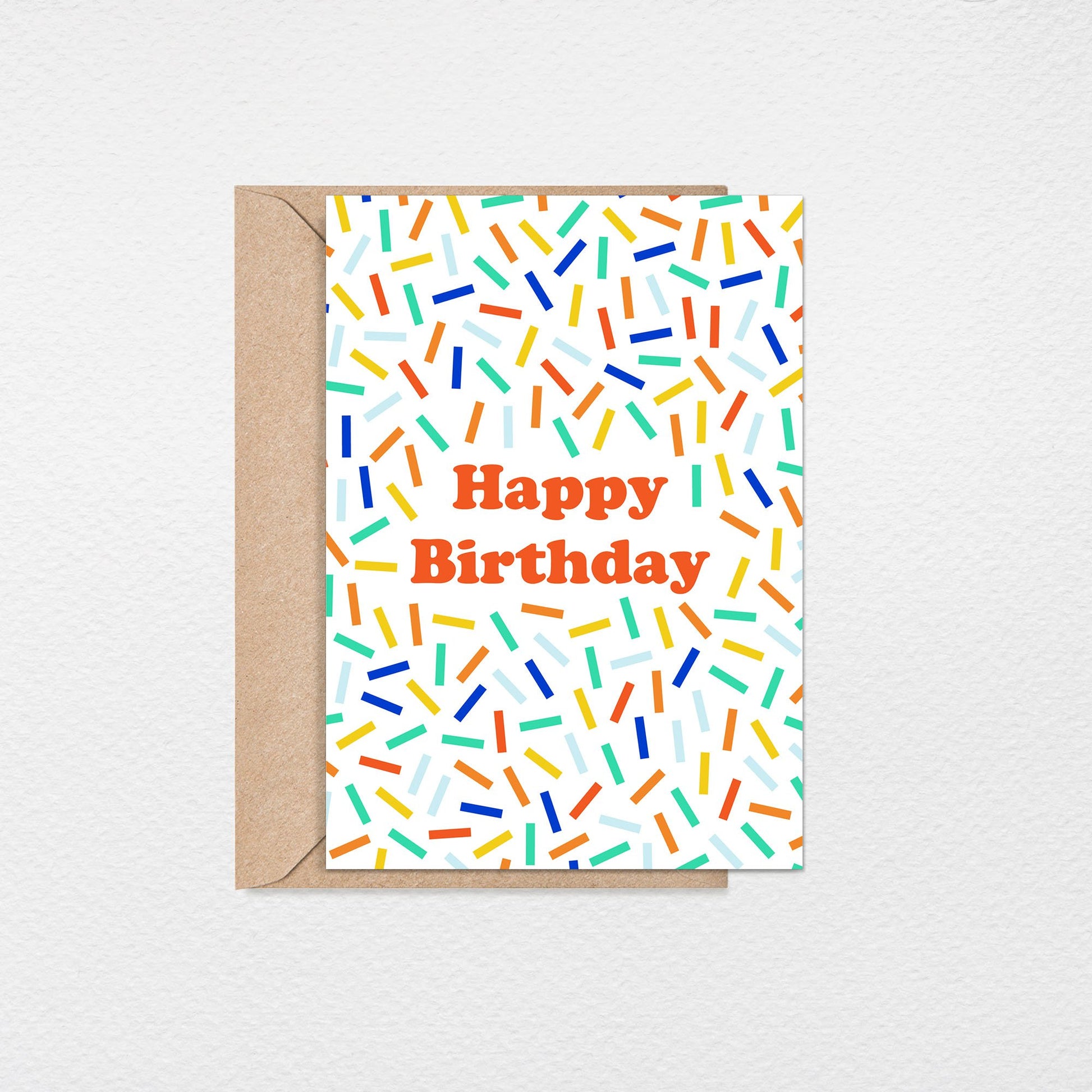 Birthday Confetti 5x7” greeting card from Goods Made By Digitrillnana, Ashley Fletcher. Colorful greeting card.