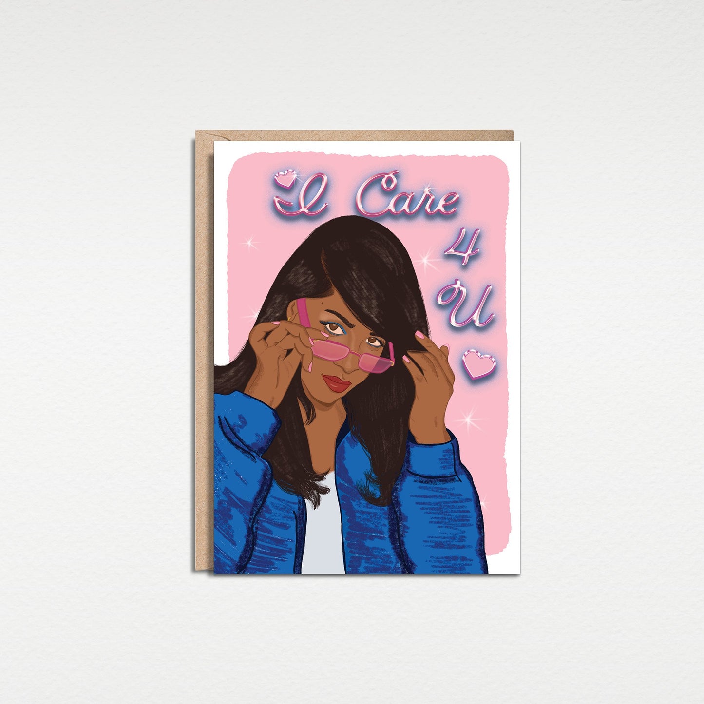 I Care 4 U 5x7” Aaliyah Love Valentines Day greeting card from Goods Made By Digitrillnana, Ashley Fletcher. Perfect card for valentines day! Black Woman Owned.