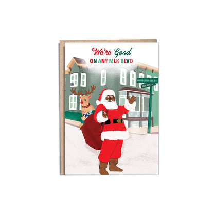 Santa's Hood 5x7” holiday Black Culture Christmas greeting card from Goods Made By Digitrillnana, Ashley Fletcher. Black Woman Owned. Black Santa Claus, Rudolph, Christmas card. Perfect card for your Christmas gift!